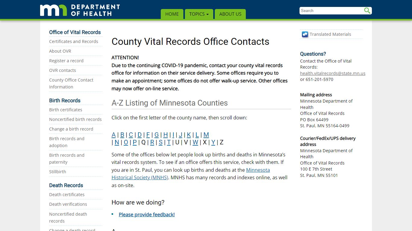 County Vital Records Office Contacts - Minnesota Dept. of Health